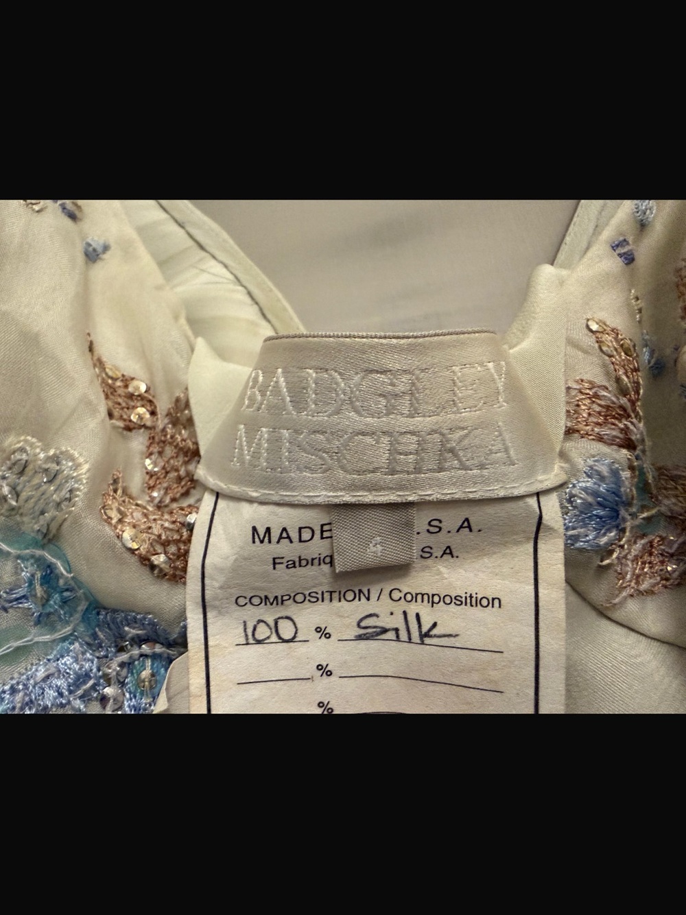 Embroidered Beaded Sleeveless Floral Slip Dress - Pale Cream & Light Blue - Picture 2 of 2